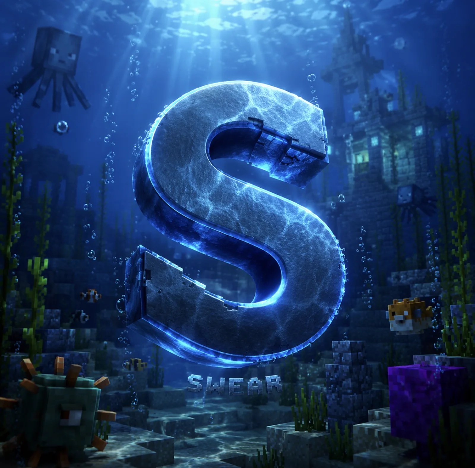 The Swear SMP logo: a glowing oceanic letter S submerged in a Minecraft underwater world, surrounded by ruins, kelp and bubbles.